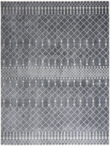 Denim blue geometric rug with lattice pattern and short tassel fringe