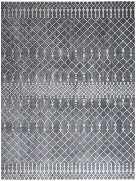 Denim blue geometric rug with lattice pattern and short tassel fringe