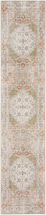 Rectangular sage multi runner rug with repeating diamond patterns and decorative border