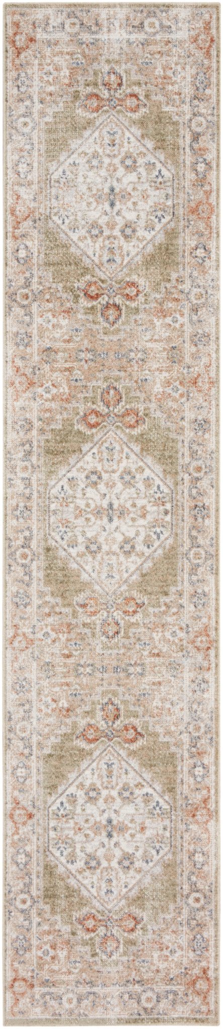 Rectangular sage multi runner rug with repeating diamond patterns and decorative border
