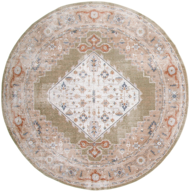 Round sage-toned area rug with ornate medallion and border in beige, blue, and rust