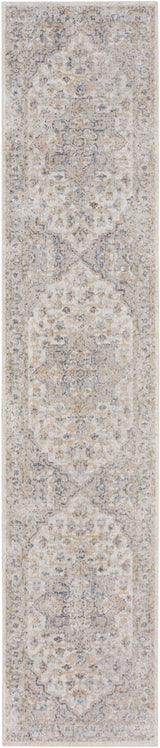 Silver grey rectangular rug with faded blue and tan ornate pattern, machine washable