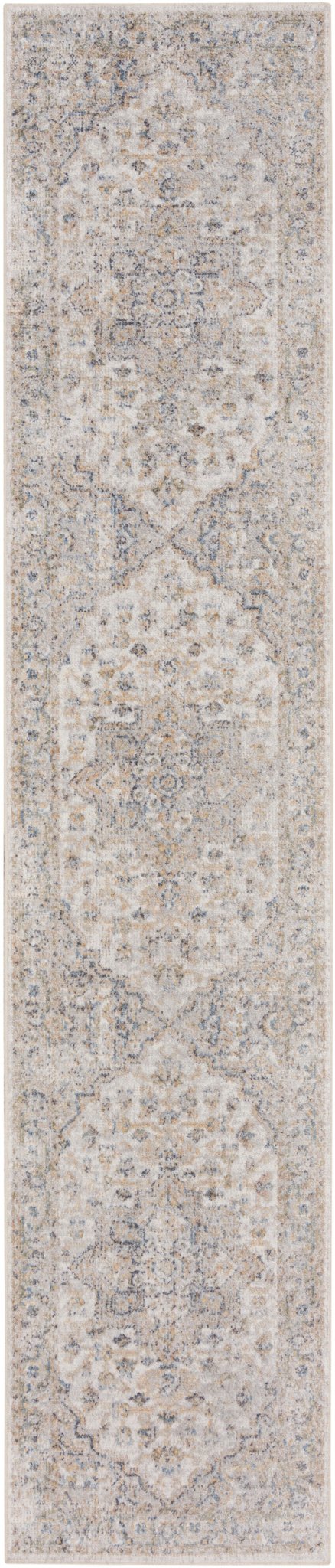 Silver grey rectangular rug with faded blue and tan ornate pattern, machine washable