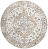 Round silver grey rug with distressed blue and tan vintage medallion pattern