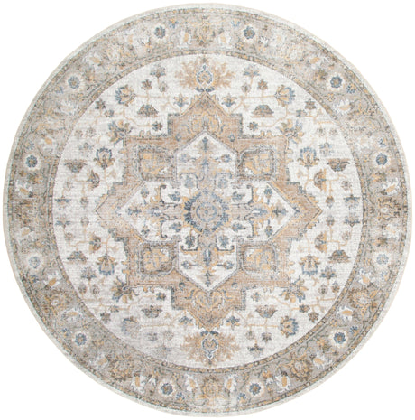 Round silver grey rug with distressed blue and tan vintage medallion pattern