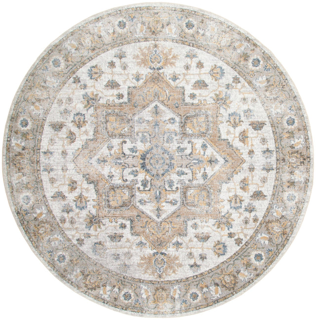 Round silver grey rug with distressed blue and tan vintage medallion pattern
