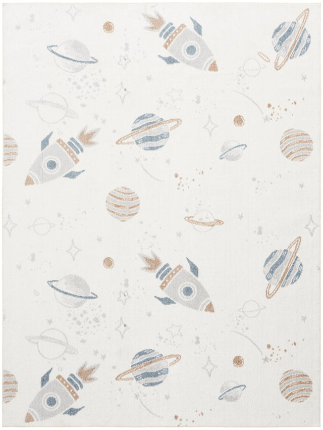 Ivory space-themed multicolor rug with planets, rockets, and stars