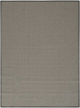 Black and white geometric trellis area rug with flat border