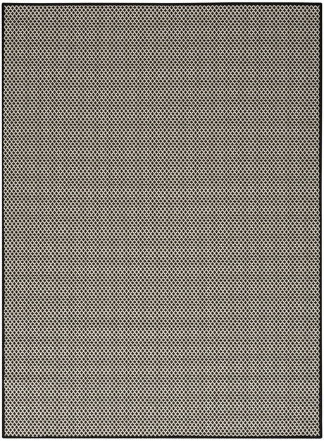 Black and white geometric trellis area rug with flat border