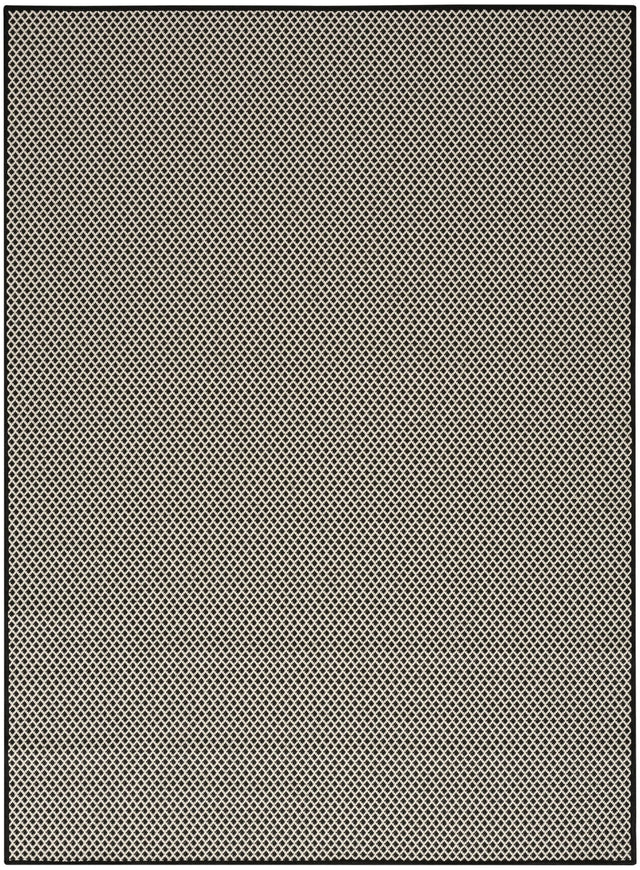 Black and white geometric trellis area rug with flat border