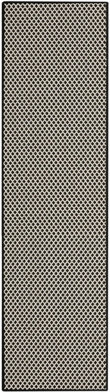 Black and white long rectangular rug with repeating lattice design