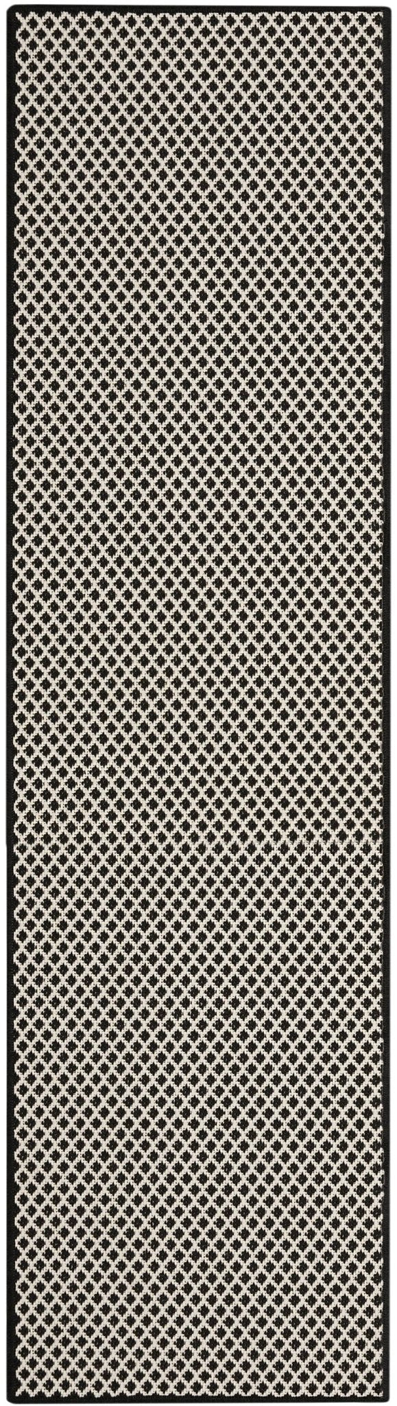 Black and white long rectangular rug with repeating lattice design