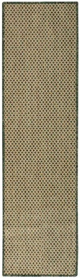 Green runner rug with repeating diamond lattice pattern and narrow border trim