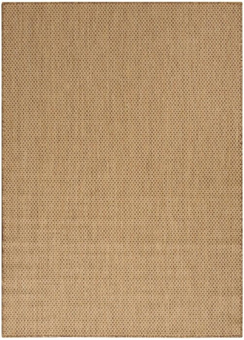 Tan jute rug with repeating diamond weave pattern and border