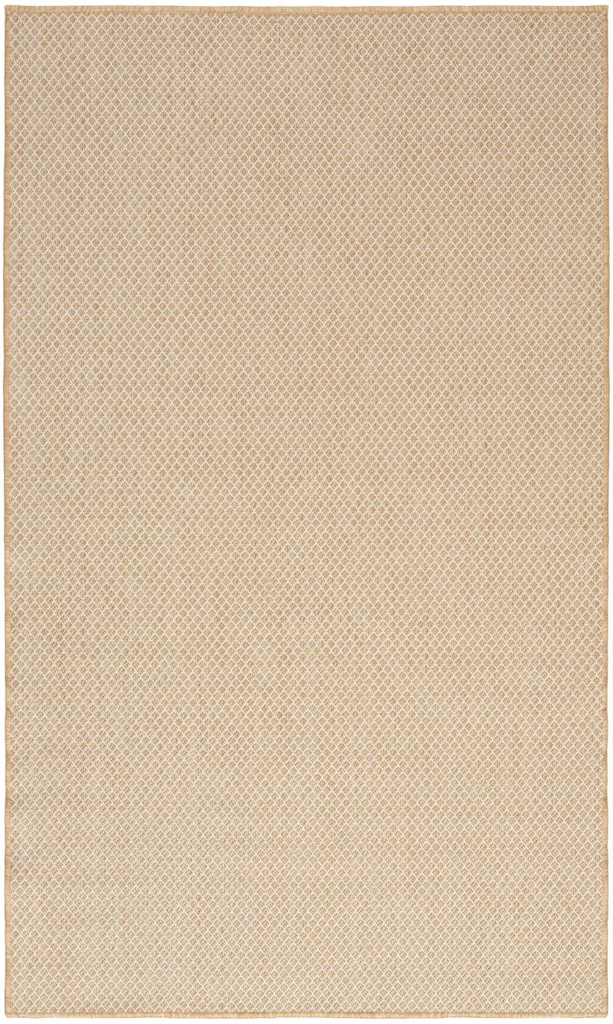 Natural woven rug with tight lattice pattern and tan border, rectangular view