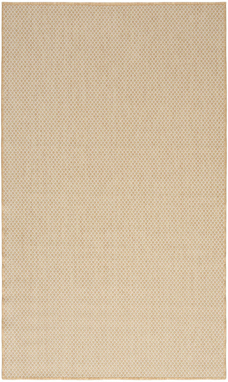 Natural woven rug with tight lattice pattern and tan border, rectangular view