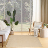 Natural flatwoven area rug with tight lattice pattern and tan border
