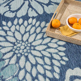 Navy and light blue floral area rug with textured weave and close-up flower motif