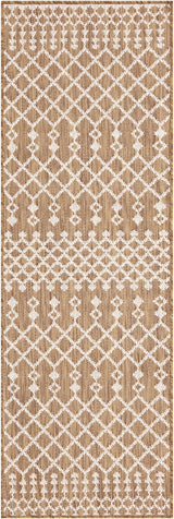 Rectangular jute rug with tan base and white diamond lattice pattern, border edges
