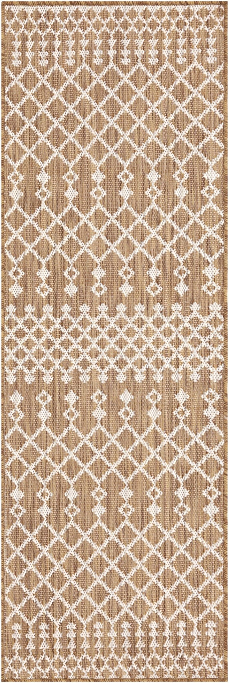 Rectangular jute rug with tan base and white diamond lattice pattern, border edges