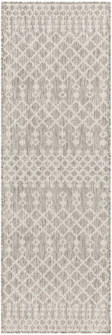 Rectangular light grey rug with repeating lattice damask pattern