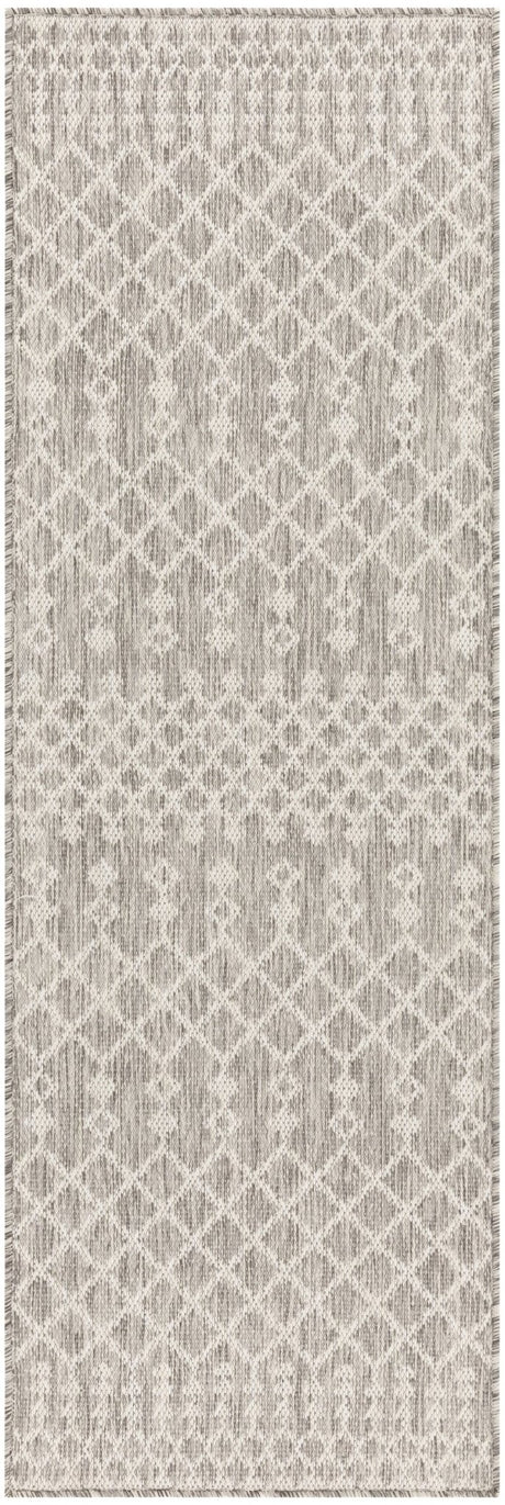 Rectangular light grey rug with repeating lattice damask pattern