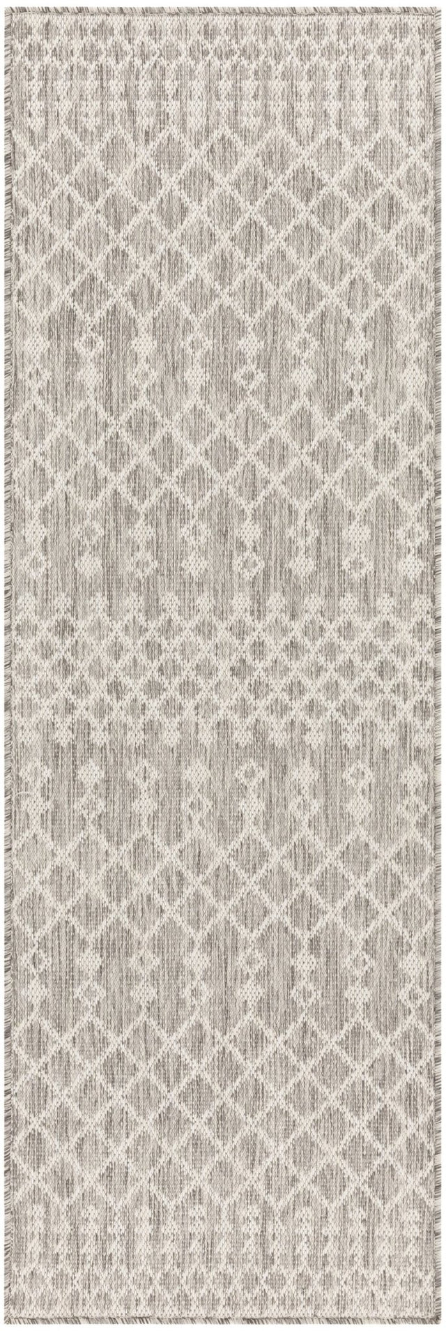Rectangular light grey rug with repeating lattice damask pattern