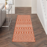 Terracotta rectangular rug with repeating white diamond lattice pattern
