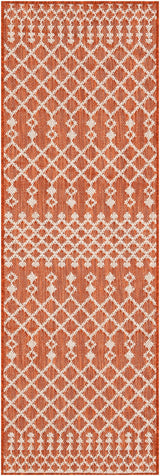 Terracotta rectangular rug with white geometric diamond pattern border