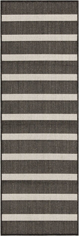 Black and ivory striped rectangular rug with flat woven pattern