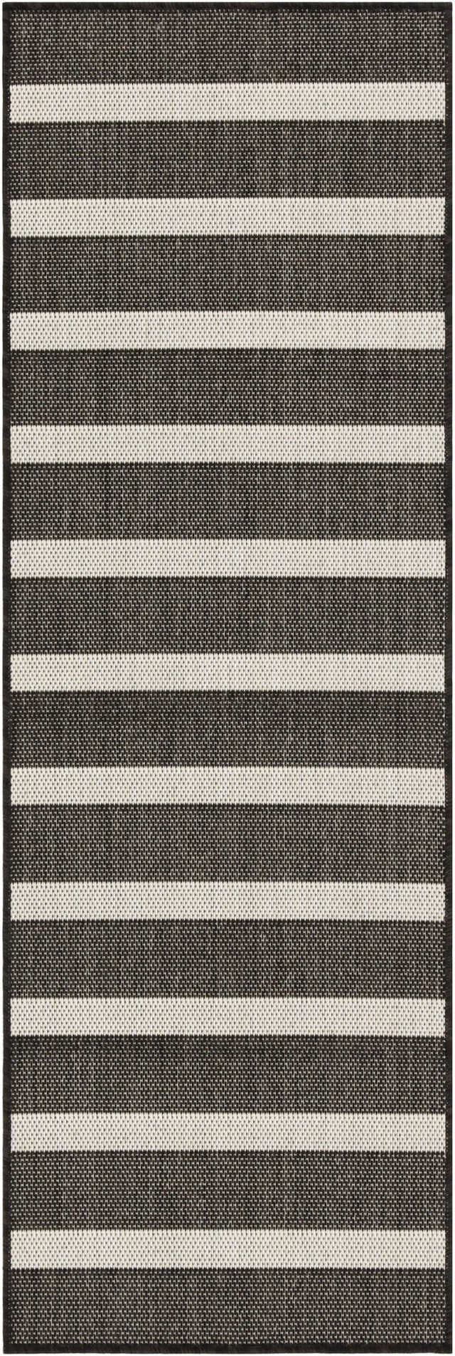 Black and ivory striped rectangular rug with flat woven pattern