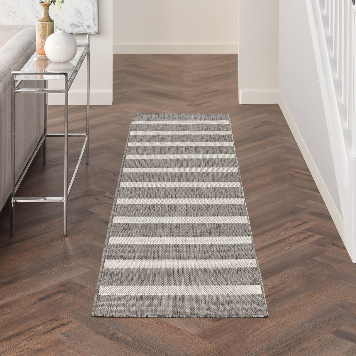 Charcoal and ivory striped rectangular rug, full view