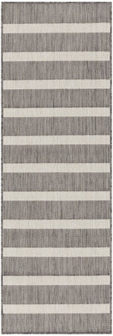 Charcoal and ivory striped rectangular rug with flatwoven texture