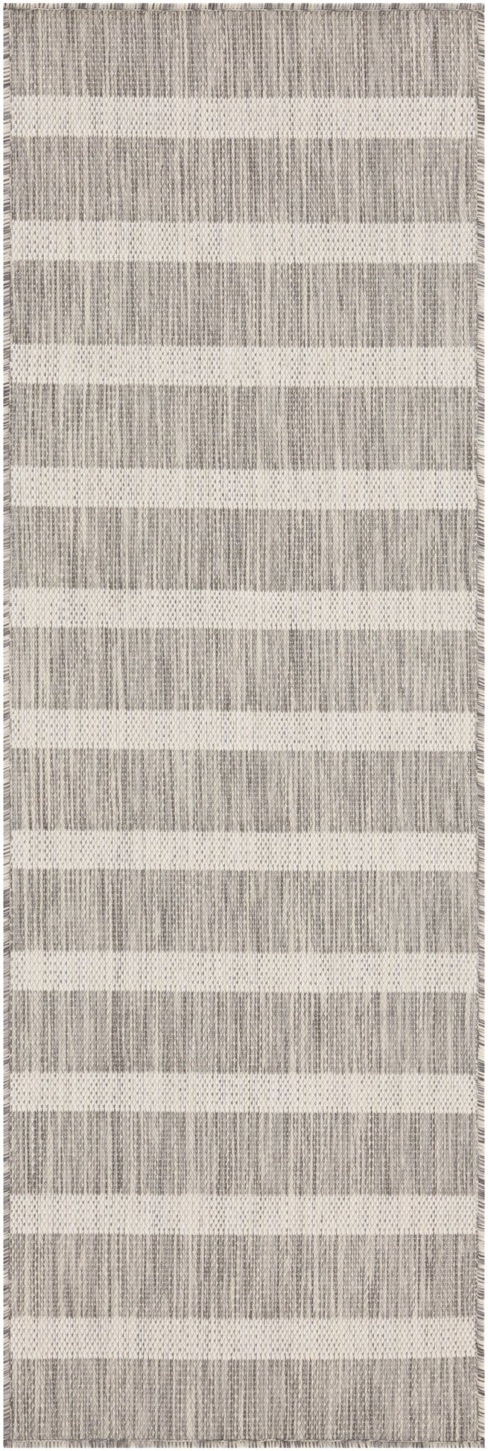 Grey rug close-up with thin ivory horizontal stripe bands