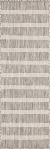Grey rug close-up with thin ivory horizontal stripe bands