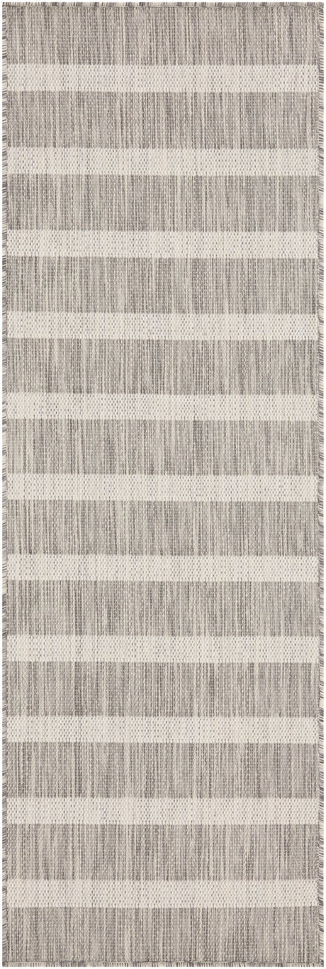Grey rug close-up with thin ivory horizontal stripe bands