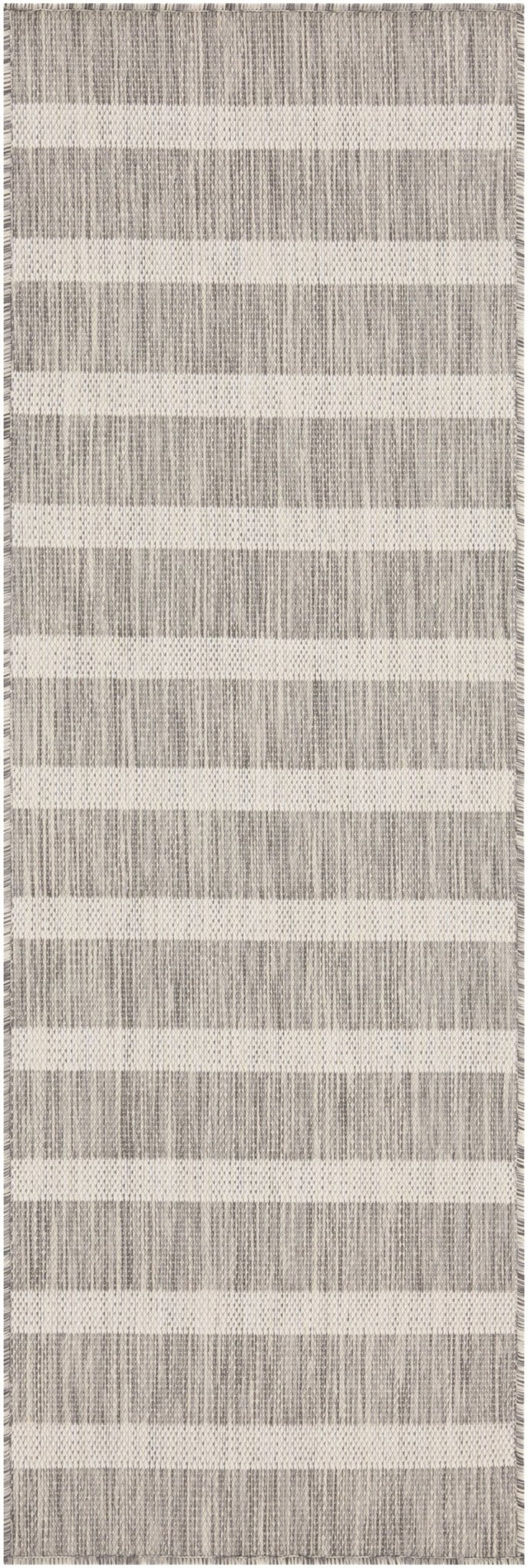 Grey rug close-up with thin ivory horizontal stripe bands