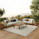 Grey and ivory rectangular flatweave rug with horizontal stripe bands