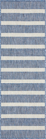 Navy and ivory rug with horizontal stripe bands, textured woven look