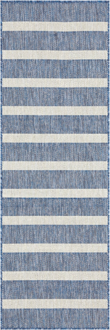 Navy and ivory rug with horizontal stripe bands, textured woven look