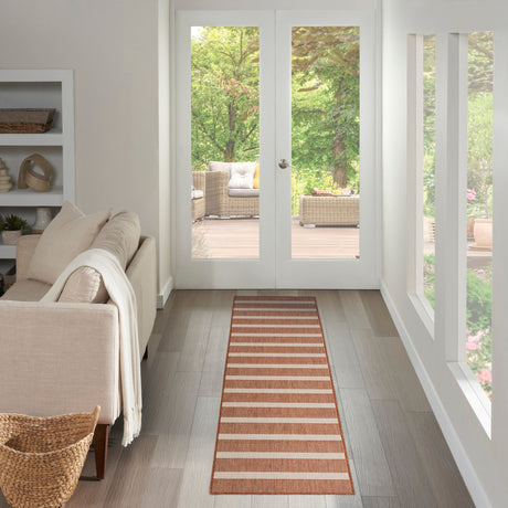 Terracotta and ivory striped runner rug with horizontal bands
