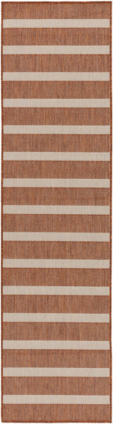 Terracotta and ivory striped rectangular runner rug with short flat stripes