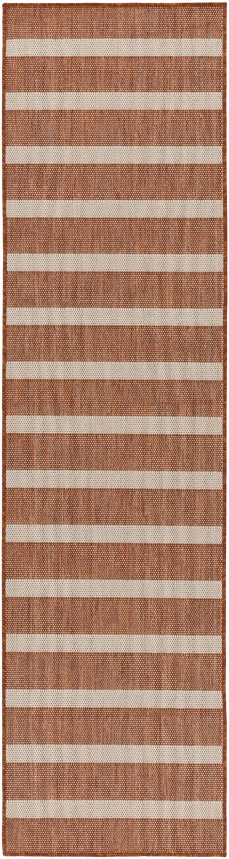 Terracotta and ivory striped rectangular runner rug with short flat stripes