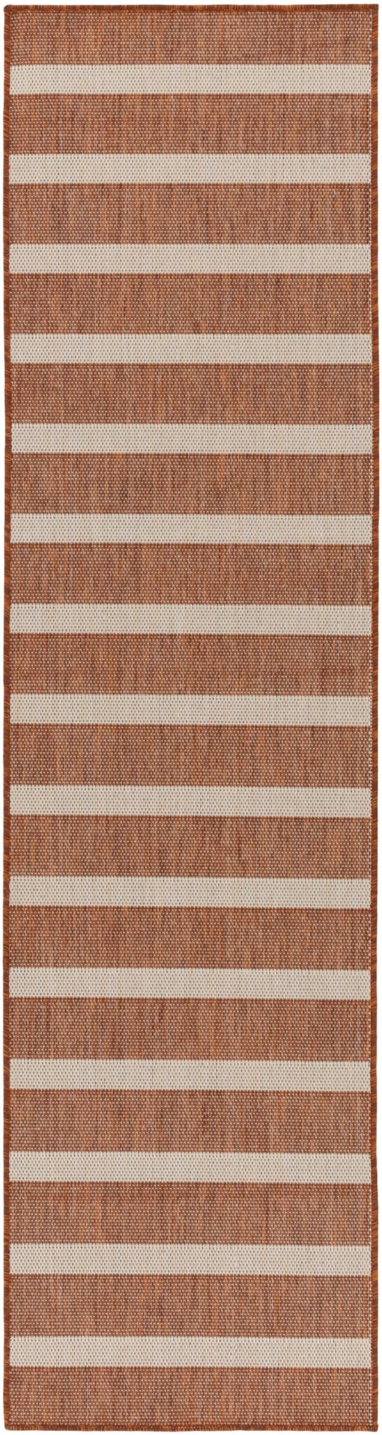 Terracotta and ivory striped rectangular runner rug with short flat stripes