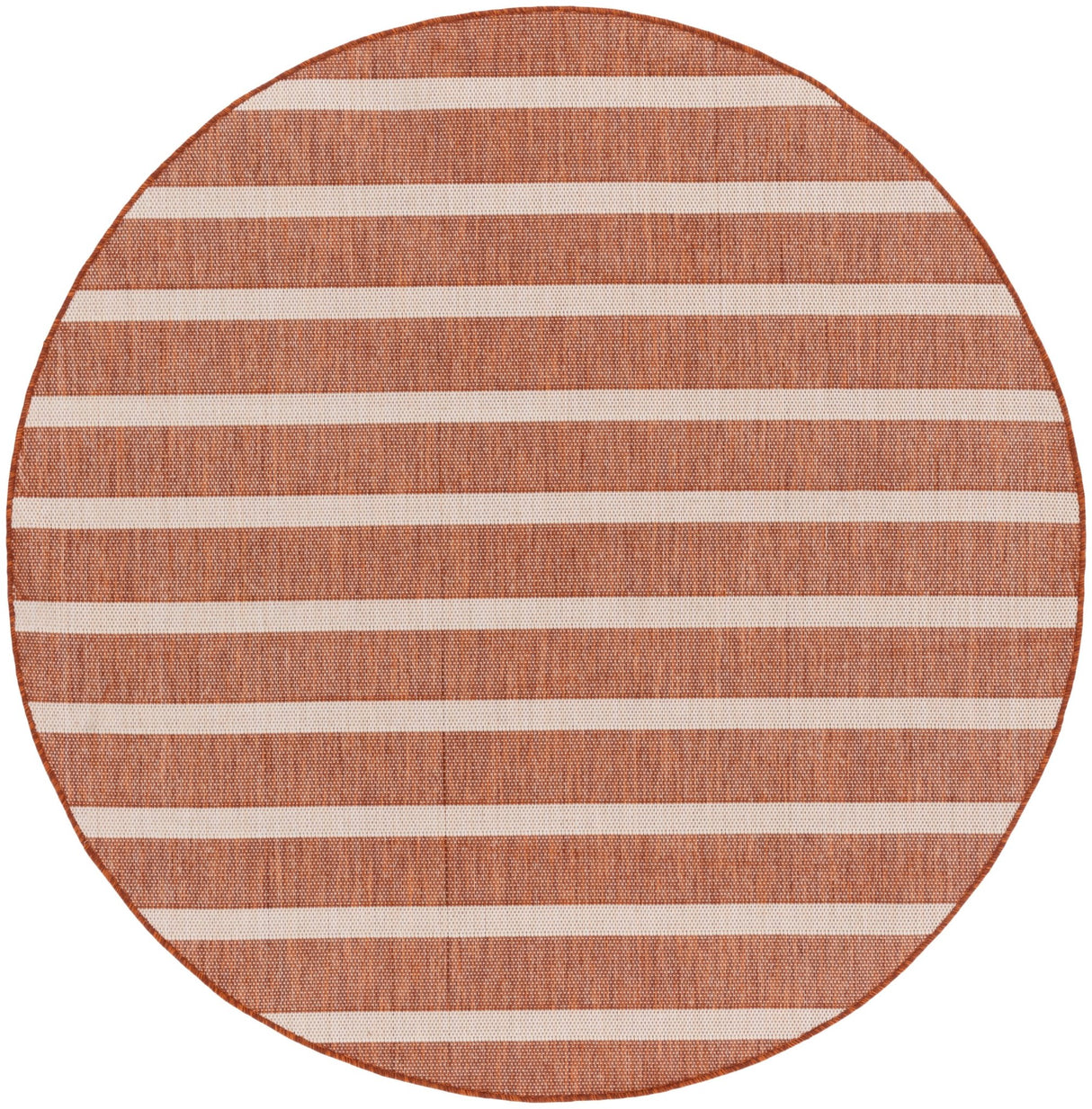 Round terracotta and ivory striped rug with horizontal bands and border
