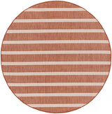 Round terracotta and ivory striped rug with horizontal bands and border