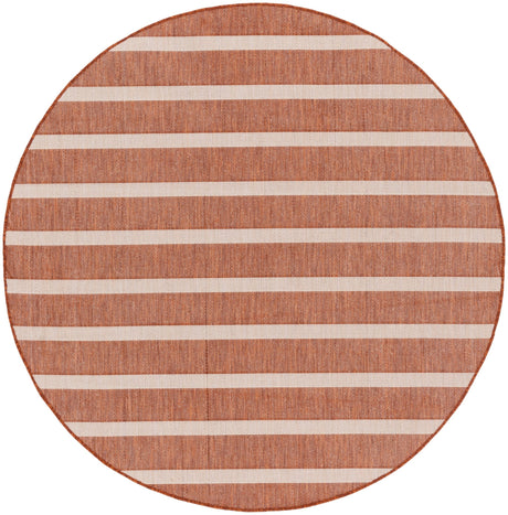 Round terracotta and ivory striped rug with horizontal bands and border