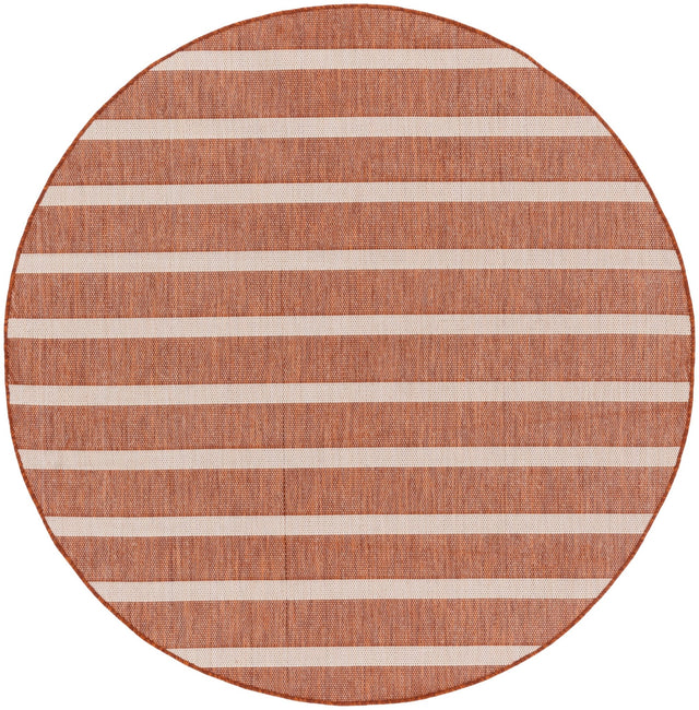 Round terracotta and ivory striped rug with horizontal bands and border