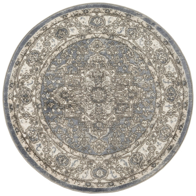 Blue and gray vintage-style round area rug with ornate central pattern