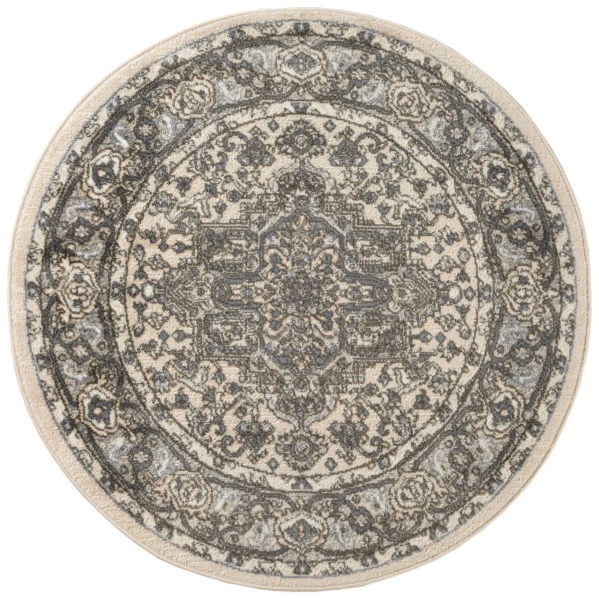 Round ivory and blue patterned rug with ornate central medallion border